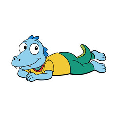 Cute blue cartoon dinosaur lying down wearing clothes