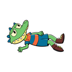 Cartoon alligator character lying down on black background