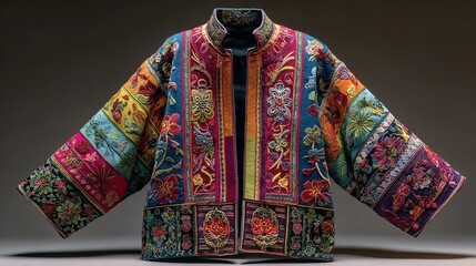 Exquisite embroidered jacket with vibrant floral patterns and rich texture creates a stunning, elegant, and culturally rich aesthetic statement
