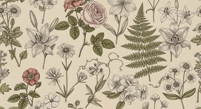 Vintage Botanical Illustration - A Detailed Floral Pattern with Roses and Lilies.