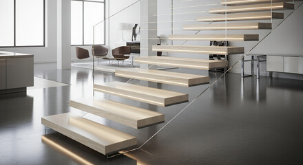 Modern office building interior architecture design featuring an empty glass wall corridor and metal staircase