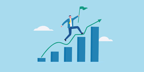 Businessman climbing bar chart with flag to achieve success