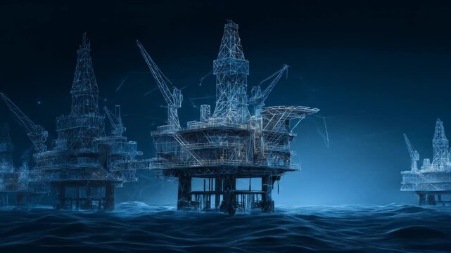 Offshore oil rigs displayed in a digital blueprint style