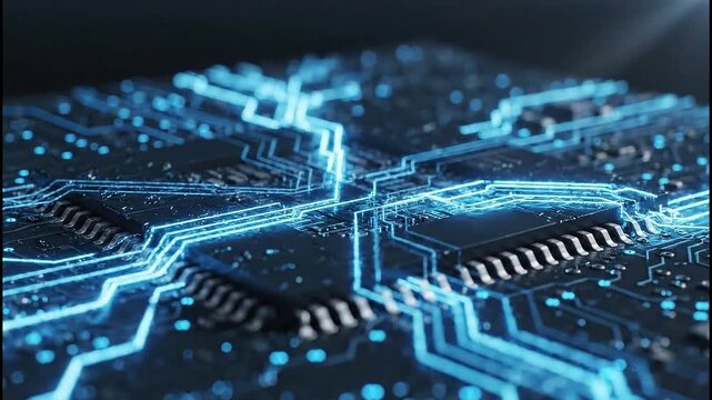 Close up view of illuminated computer chip and circuit board design