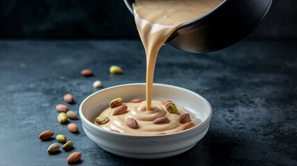 Delicious Sheer Khurma Dessert: Pouring Sweet Vermicelli Milk into Bowl