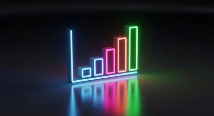 Glowing Neon Bar Graph Displaying Growth and Progress on Reflective Surface