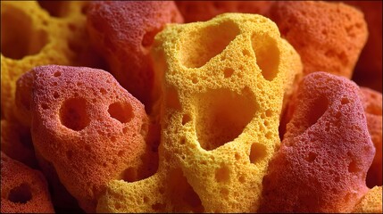 Close up of vibrant porous sponge like structures in warm colors highlighting intricate texture and natural design