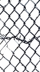 Fototapeta premium Chain-link fence with broken section, against white