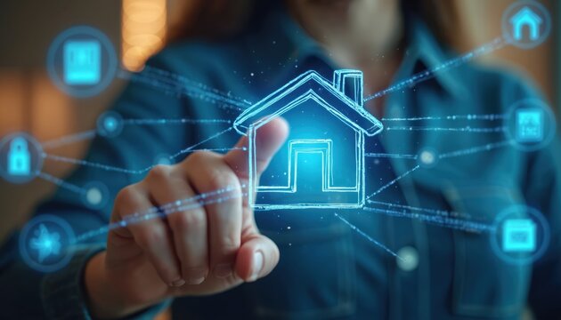 Person interacts with transparent futuristic interface selecting home icon. Controls smart home devices, security, automation. Digital network connects features.