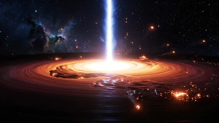 Black hole accretion disk shoots plasma jet in space. Quasar emits energy beam from galaxy center. Black hole with swirling disk and jet. Cosmic plasma jet from black hole accretion disk. - Powered by Adobe