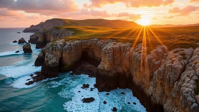 Dramatic drone footage of Cape Peron's rugged coastline bathed in warm sunset light, showcasing nature's beauty and serenity for travel and tourism.