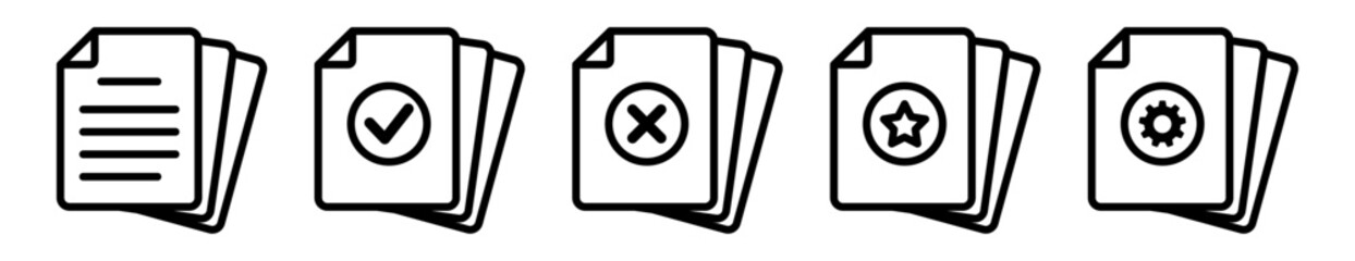 Set of line vector outline icons for a large document archive: Blank Files, Verified (Check), Rejected (Cross), Important (Star), and Update/Settings (Gear). Essential graphics for heavy content manag