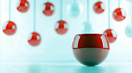A collection of shiny red and white spherical objects are suspended by thin strings against a soft blue backdrop, with one prominent object in the foreground.