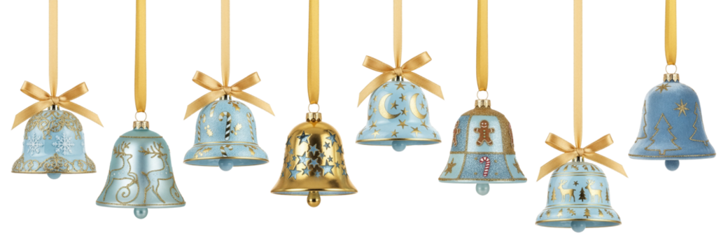 Blue and Gold Christmas Hanging Bell Ornaments on Transparent Background