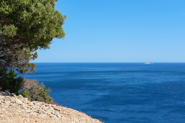 Coastal view with rocky slope, green trees, and calm deep blue sea under a clear sky.