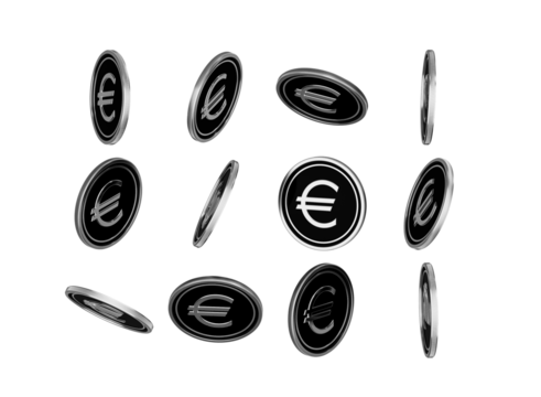 Silver Euro coins in various angles, symbolizing finance, economy, and wealth.