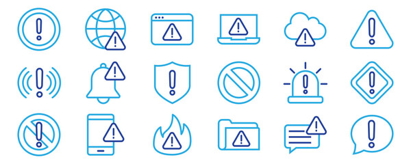 Warning line icon set. Contains icons related to Alert, caution, danger, error, and more. Linear icon collection. Editable stroke, Vector illustration