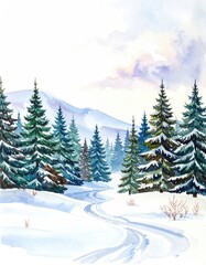 Fototapeta premium Snowy path through evergreen forest, watercolor landscape