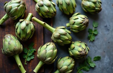 Obraz premium Overhead photo of fresh artichokes on wooden board. Green globe vegetables with stems are arranged on the gray backdrop. Culinary photo for healthy eating or cooking concept.