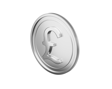 Shining silver pound coin, symbol of UK economy, isolated 3D render.