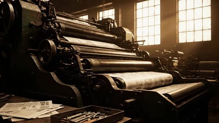 Vintage printing press produces newspaper in industrial workshop. Print machine with roller processes paper. Vintage press equipment in factory. Printing newspaper on old industrial machine roller.