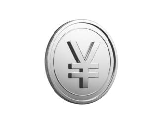 Metallic 3D render of a Japanese Yen currency symbol coin on black.