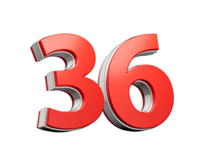 Bold Vibrant Red Number Thirty six Number 36 With Metallic On White Background 3D Illustration