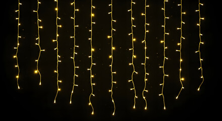 A string of curtain lights (icicle lights or curtain lights) that hang vertically in parallel strands of varying lengths.