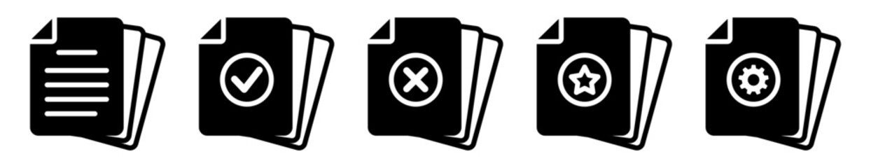 Complete set of solid vector glyph icons for layered document archive status: Blank Files, Verified (Check), Rejected (Cross), Important (Star), and Update/Settings (Gear). Ideal for enterprise and da