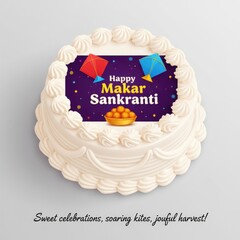 White cake with Makar Sankranti decoration and sweet treats cream frosting