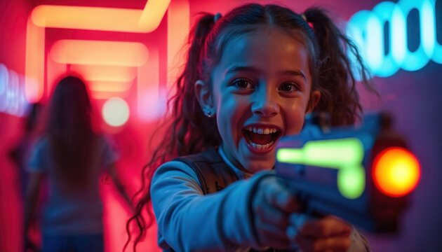 Girl with laser gun smiles during neon game in dark arena. Child plays competitive fun, aiming weapon. Kid enjoys thrilling adventure, bright lights, and active indoor recreation. - Powered by Adobe