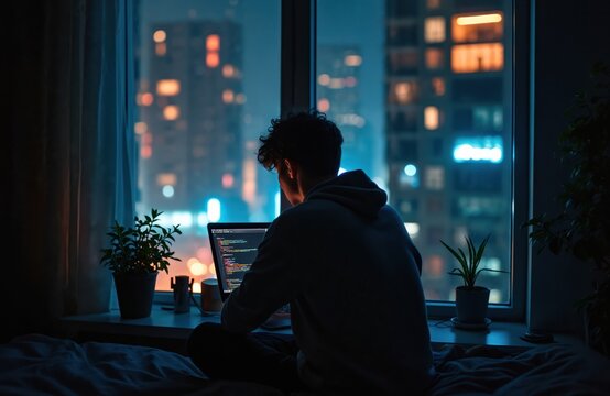 Young man codes on laptop in dark room. City lights glow through window at night. Colorful ambient lighting enhances cozy home decor. He works late on project.