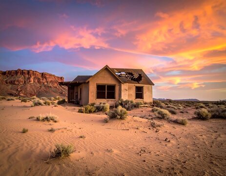 Desert scene with an old, weathered house beneath a vibrant, colorful sky at sunset. The dwelling appears abandoned - Powered by Adobe