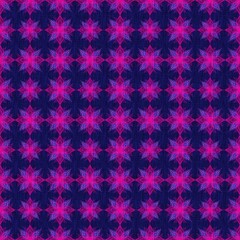 Vibrant Neon Pink and Purple Cyberpunk Star Seamless Pattern. Dark Indigo Textured Digital Textile Print. Abstract Floral Spiky Kaleidoscope Background