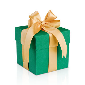 Green gift box wrapped in green paper and decorated with gold ribbon and bow isolated on white background with clipping path. Christmas, Valentines Day or Birthday celebration themes. Design element.