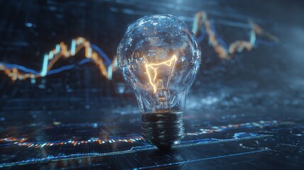 A futuristic 3D concept of a luminous lightbulb surrounded by glow