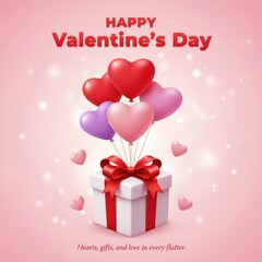 White gift box with red ribbon and heart balloons love valentine