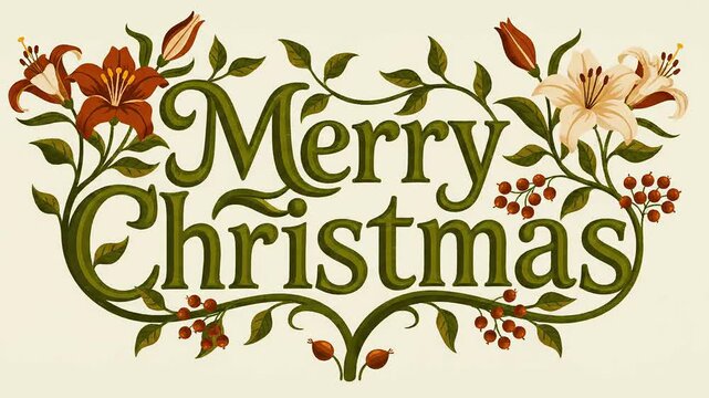 Elegant merry christmas text design surrounded by vintage botanical foliage lilies and holly berries for holiday greeting cards