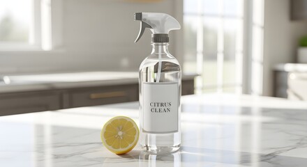 A citrus cleaning spray bottle sits next to a lemon on a marble countertop.