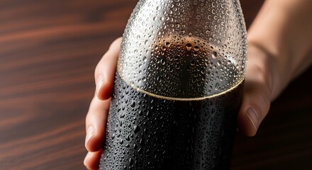 A hand holds a cold condensationcovered bottle of dark liquid.