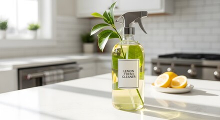 A bottle of lemon fresh cleaner sits on a kitchen counter with lemons nearby.