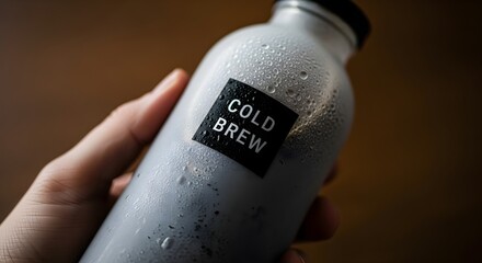 Hand holding a cold brew coffee bottle with condensation