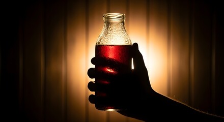 Hand holding a glass bottle filled with a red liquid against a dark textured background.