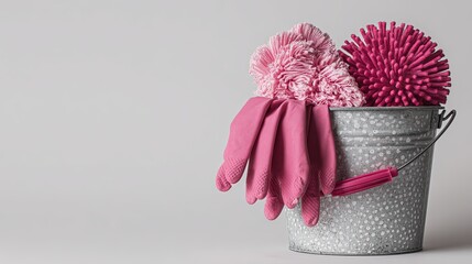 Get your home sparkling clean with this bucket filled with cleaning supplies and pink gloves ready for spring cleaning chores