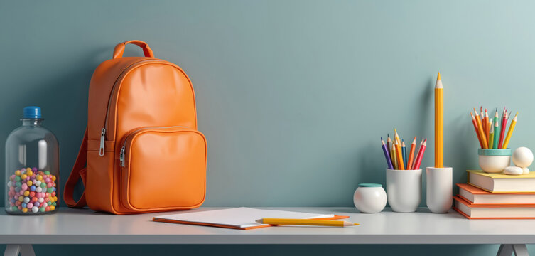 Orange backpack and colorful school supplies on desk. Bottle with candies pencils books and notebooks create a playful learning environment. Back to school concept.