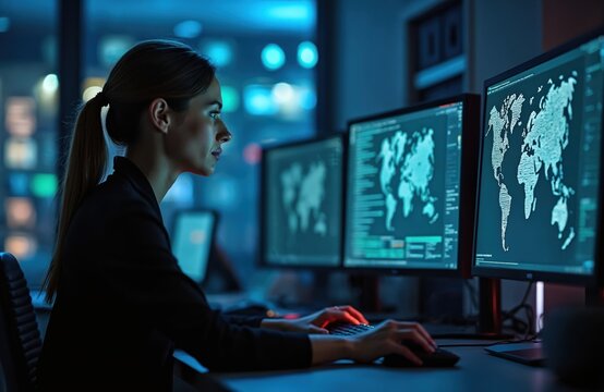 Woman works in dark control room with multiple monitors displaying world map data. Analyst monitors system status, online information. IT pro uses computer for network security, threat detection.