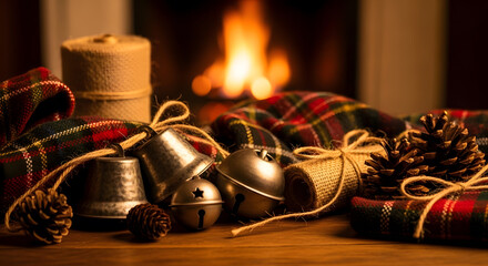 Rustic Christmas Still Life: Sleigh Bells, Plaid Tartan, and Pine Cones by Warm Fireplace