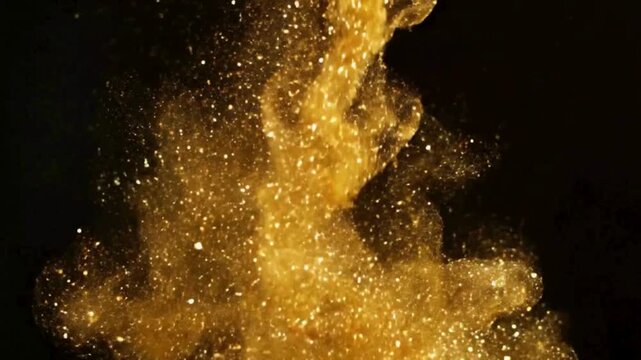 Abstract golden glitter particles swirling against a dark background, creating a mesmerizing visual effect of luxury and elegance.