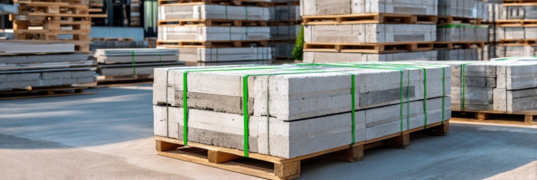 Stacks of concrete slabs on wooden pallets in an industrial storage yard