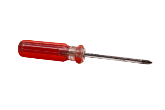 Well used Phillips head screwdriver with a red handle a